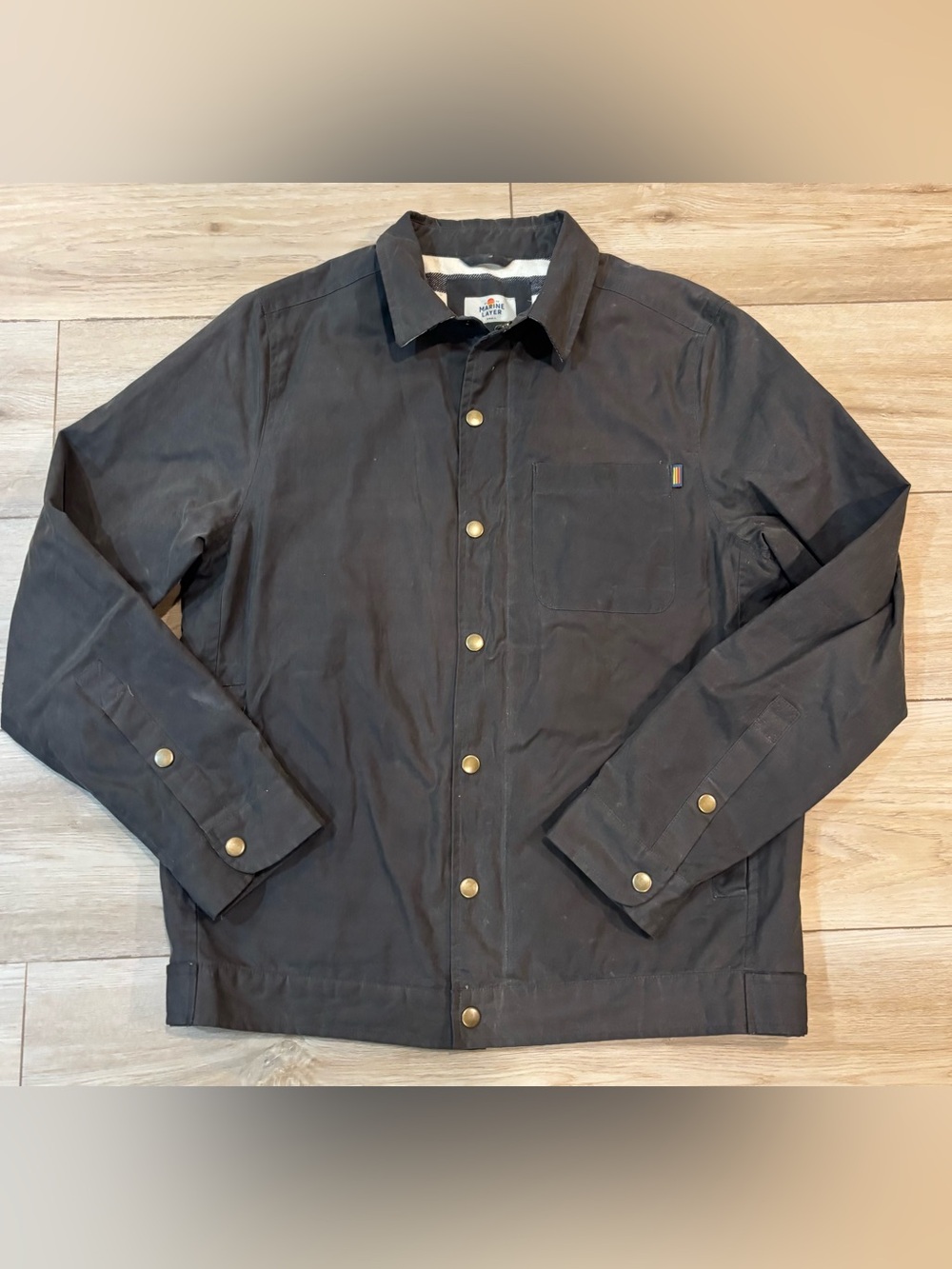 Marine Layer Waxed Canvas Field Jacket Mens Green Flannel Lined Size Small S WOW